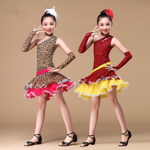 Girls Kids Children Modern red leopard Latin Dance Dress Salsa Tango Dance Wear Performance Stage Wear